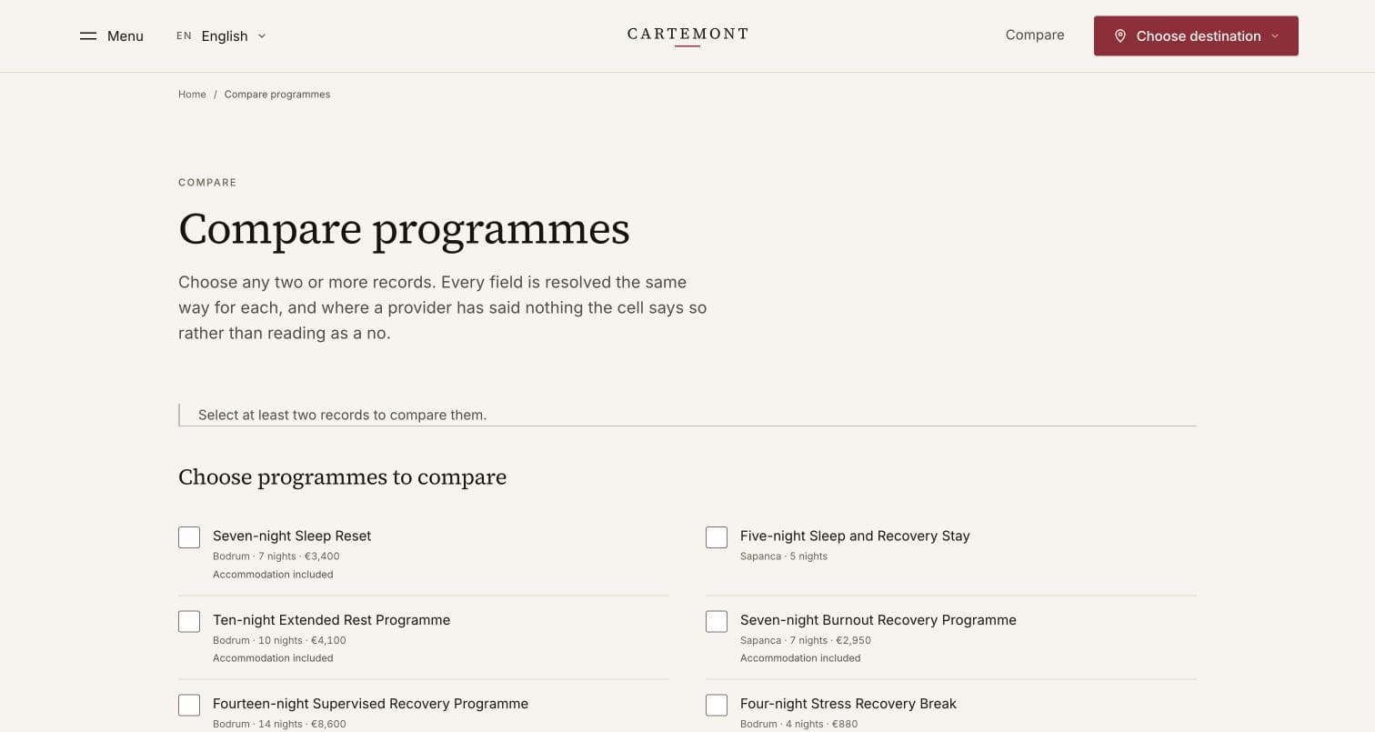 Cartemont compare page: selectable programme records, each with destination, number of nights and price.