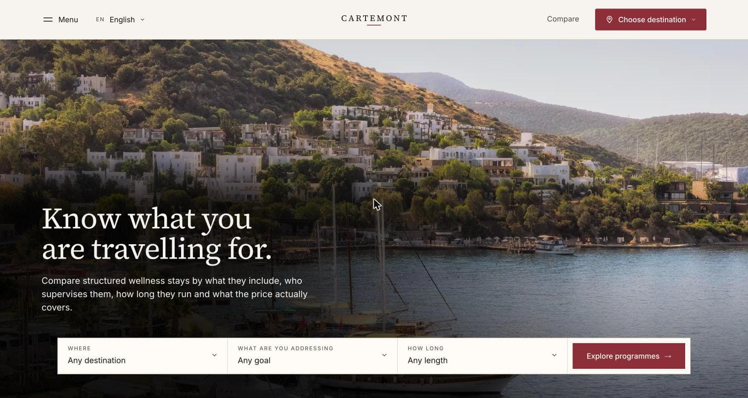 Cartemont home page: the headline, description, and a search bar filtering by goal, destination and length.