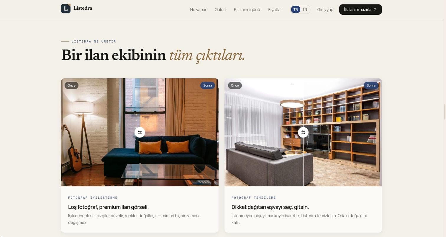 Listedra çıktı bölümü: sürüklenebilir önce/sonra karşılaştırma bileşenleri ve çıktı açıklamaları.