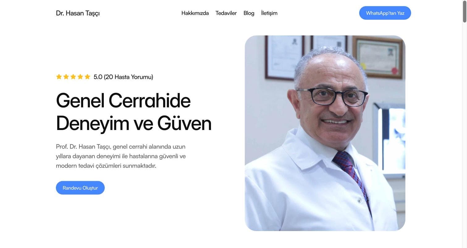 Prof. Dr. Hasan Taşçı web sitesinin giriş ekranı: navigasyon, başlık, tanıtım metni, randevu düğmesi ve hekim portresi.
